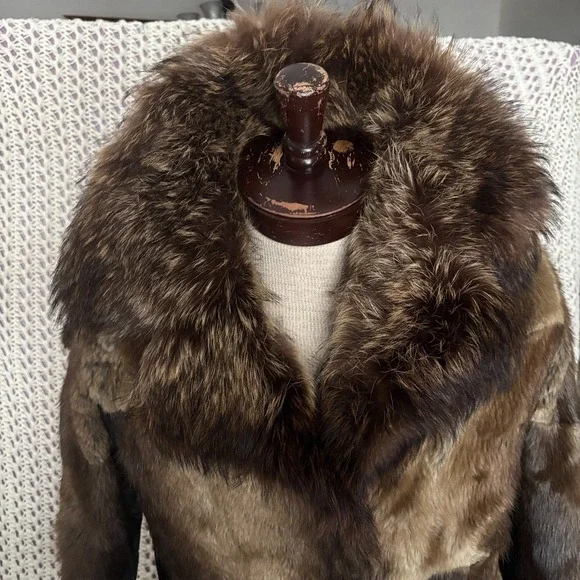 Vintage Mandel's Raccoon Fur Patchwork Leather Pea Coat Women's Size L- XL Brown - Picture 7 of 12